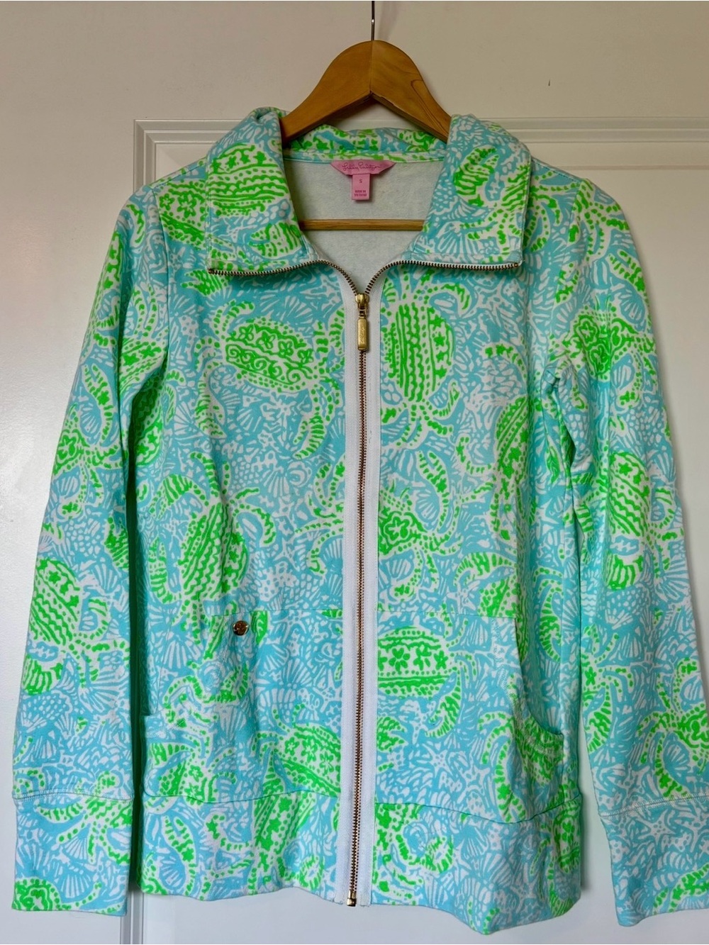 Lilly Pulitzer Audrey Zip-Up Jacket “Shell Me You Love Me” Turquoise Size Small